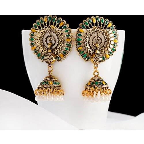 Earrings Trend Ethnic Peacock Open Screen Color Zirconium Diamond Indian Earrings For Women Gyspy Bell Tassel Ladies Jewelry
