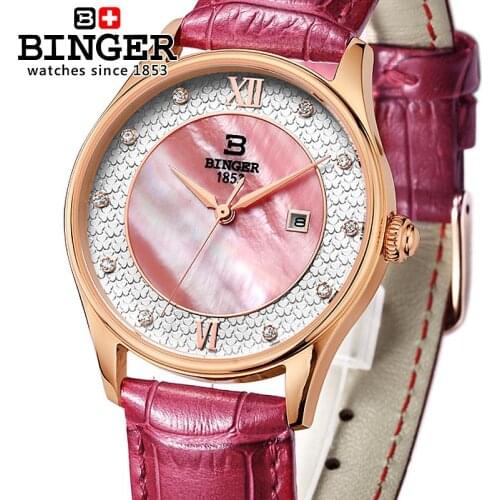 Switzerland Binger Watches Women fashion luxury Ladies Watch Leather Strap Ultra-thin Quartz Diamond Female Wristwatches B3027-2