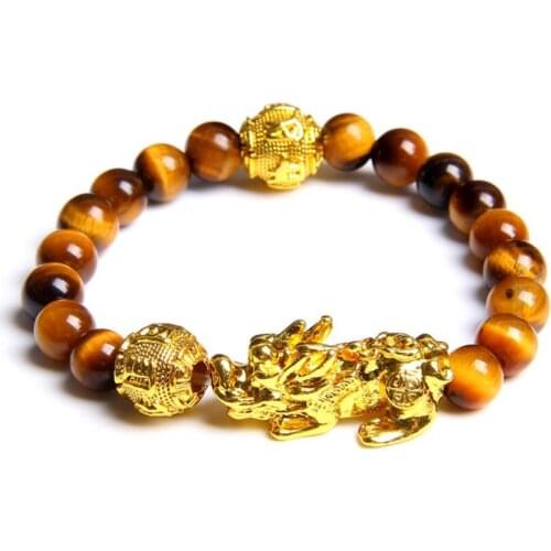 Light Yellow Gold Color Fabulous Wild Beast Connect Tiger Eye Stone Round Beads Stretchy Bracelet Classic Jewelry