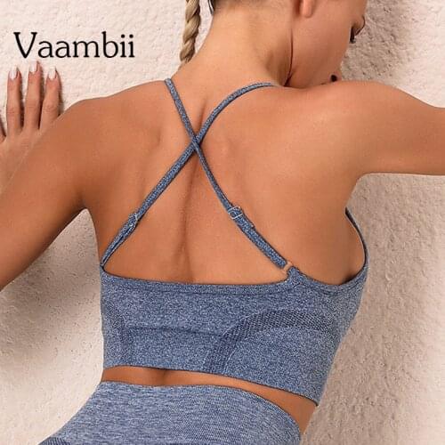 Womens Seamless Pitted Sports Bra Without Bones Woman Summer Top With Cups Straps Criss Cross Backless Sport Bra Sportswear