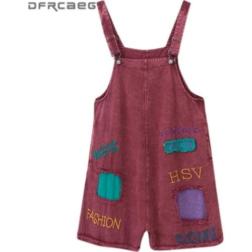 Loose Letter Print Womens Jumpsuit Denim Short Pants 2021 Summer Knee Length Wide Leg Overalls Female Ripped Jeans Rompers