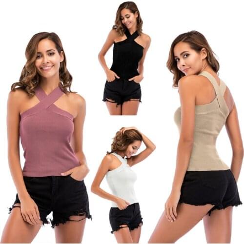 Sexy Cross V Neck Off Shoulder Knitted Tank Top Womens Camisole Female Sleeveless T-shirts Fitness Vest Summer Crochet Crop Top