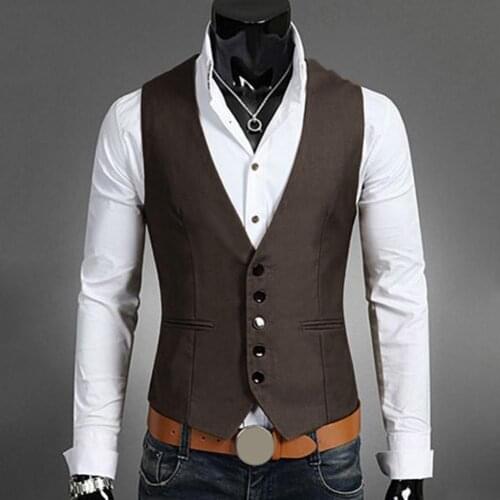 Business Men Vests Solid Color V Neck Button Pocket Sleeveless Fashion Vest Waistcoat Men Waistcoat 2021 Summer