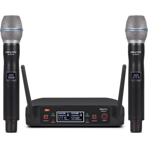 GLXD10 UHF 2 Channel Fixed Frequency Wireless Microphone System Dual ALL-METAL Handheld Mic 80M Receiving for Karaoke Party Show