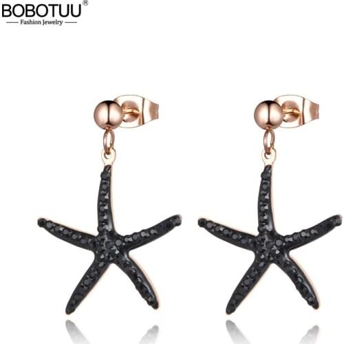 BOBOTUU Stainless Steel Jewelry White/Black Clay Cystal Earrings Rose Gold Color Starfish Stud Earrings Christmas Gift BE18456