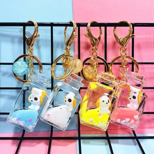 Glitter Quicksand Keychain Floating Liquid Cartoon Animal Dog Keyring Car Bag Pendant For Women Girl Gift Keyfob Trinket Jewelry