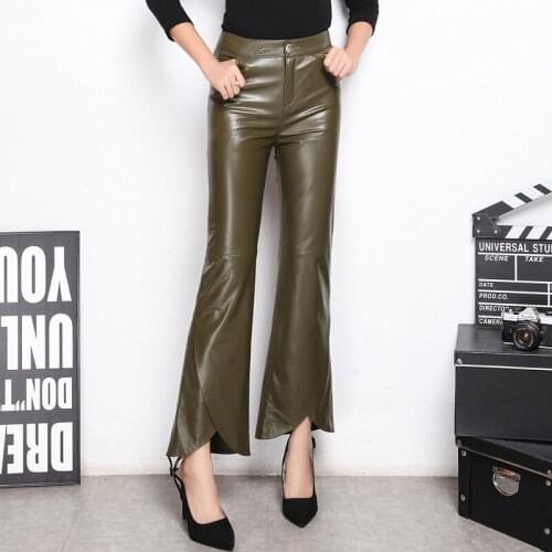 2020 New Flare Pants Womens England Style Long Pants Genuine Leather Ladies Slim Fashion Pants Plus Size M-XXXL Black Army Green