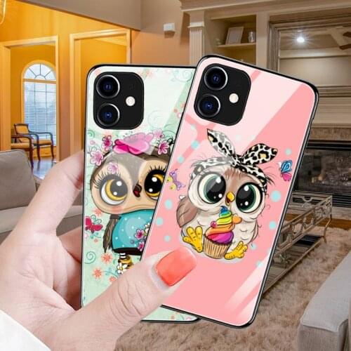 Cute Owl Phone Case Glow Luminous Tempered Glass For iPhone 11 12 Pro XR XS MAX 8 X 7 6S Plus SE 2020 12Mini cover