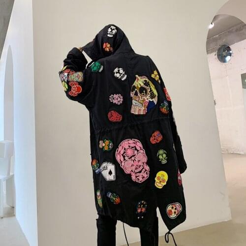 Spring Autumn Mens Loose Black Army Green Long Trench Coat Embroidery Appliques Windbreaker Hip-hop Outwear C20