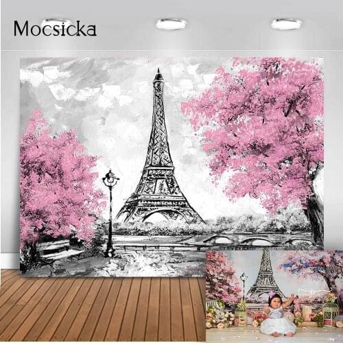 Eiffel Tower Newborn Kids Portrait 1st Birthday Cake Smash Photography Background Cherry Blossoms Spring Romantic Photocall