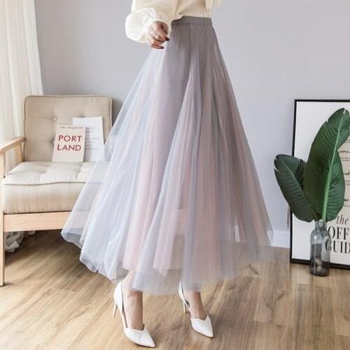 Sweet Color Contrast Womens Half-length Skirt High Waist Slim-fit Mesh Blue Pink Spring And Autumn Fairy Long Skirts 2021