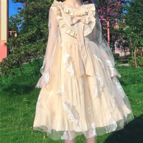 Alice In Wondeland Cute Women Lolita OP Dress Flouncing Lace Trim Japanese Harajuku Long Sleeves Doll Dress Fairy Vestidos