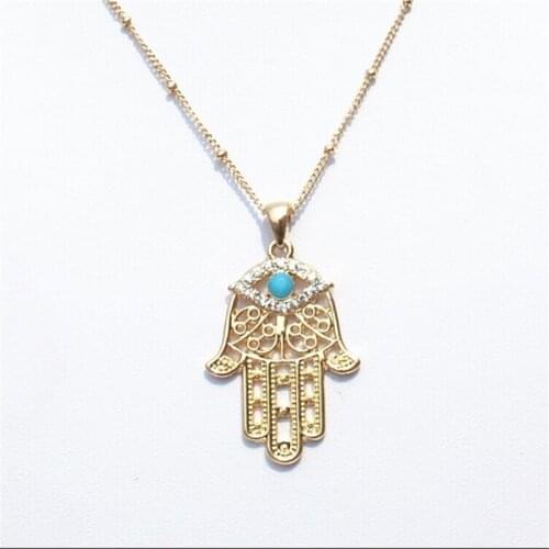 Fashion Women Crystal Turquoises Good Luck Hamsa Fatima Hand Blue Evil Eye Pendant Necklace