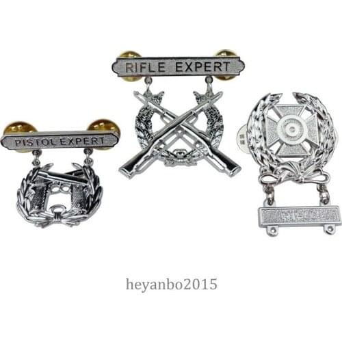 SET US Army Rifle Expert pin badge insignia & US Army Pistol Expert Pin silver 3PCS