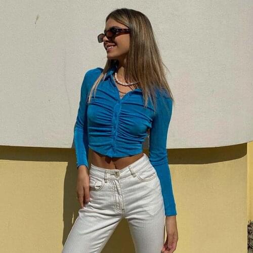 Slim Bodycon Women Tops And Blouses Long Sleeve Single-Breasted Pleated Solid Fashion Shirts Streetwear Harajuku Female Blouses