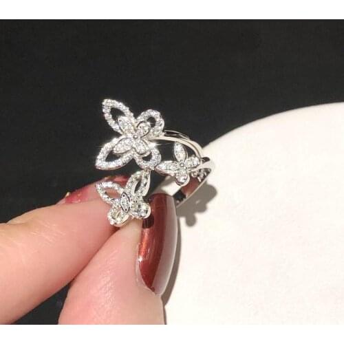 Girls' Authentic Sterling Jewelry White Zircon Double Insect Butterfly Crystals Open ring adjust