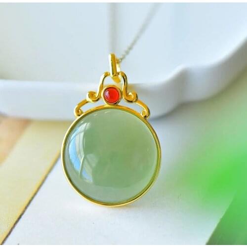 S925 Silver Plated Ancient Silver Hetian Jade Gray Jade Pale Blue Pendant Gray Jade round Retro Style Clavicle Chain Necklace