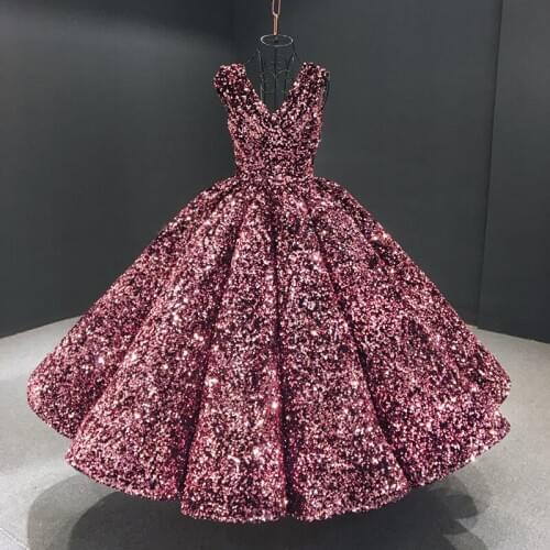 2020 Girls Pageant Dancing Sequined V Neck Tea Length Ball Gown Prom Dress