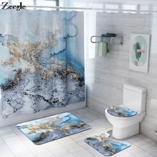 Blue Marble Print Home Decor Bath Mat and Shower Curtain Set Shower Rug Toilet Seat Cover Mat Rugs For Bathroom Bath Mats