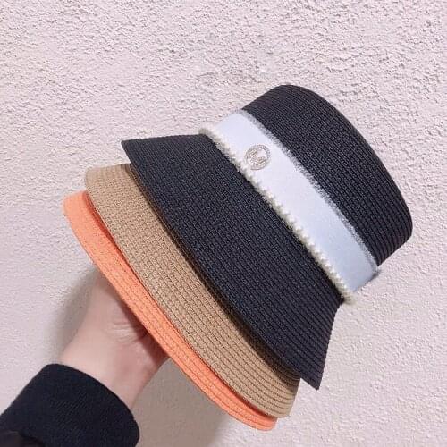 New Paper Straw For Women Summer Breathable Handmade Straw Hat Elegant Basin Bucket Hat Pearl Chain Webbing Sun Hat Chapeau