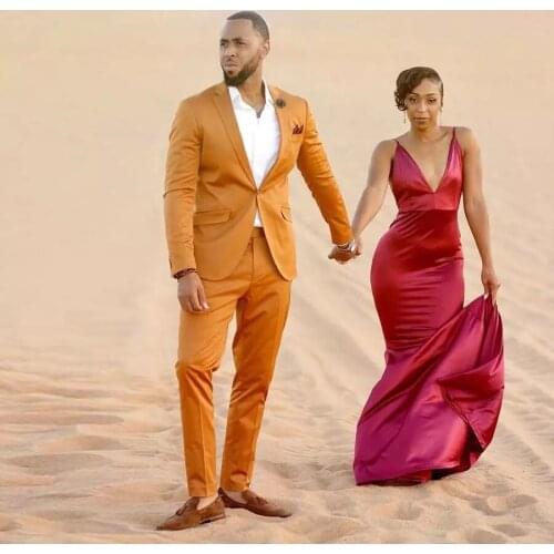 Wedding Orange Costume Homme Men Suits Tuxedos Nothc Lapel One Button Slim Fit Groom Wear Prom Blazer 2 Pcs(Jacket+Pants)