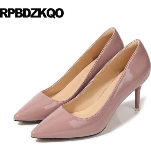 Big Size 3 Inch High Heels Slip On Patent Leather Work Thin Pumps 33 Nude Kitten Pointed Toe Office Ladies Mid Shoes Court 2021