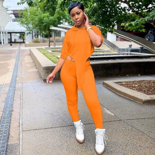 Moto & Biker Hooded Half Sleeve Long Version Sweatshirt and Jogger Sweatpant for Women Tracksuit Summer Activewear 2 Piece Set