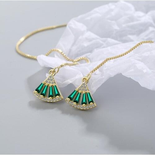 Vintage Ethnic Folding Fan Shape Box Chain Tassel Drop Earrings Green Cubic Zircon Stone Elegant Dangle Earring Piercing Jewelry