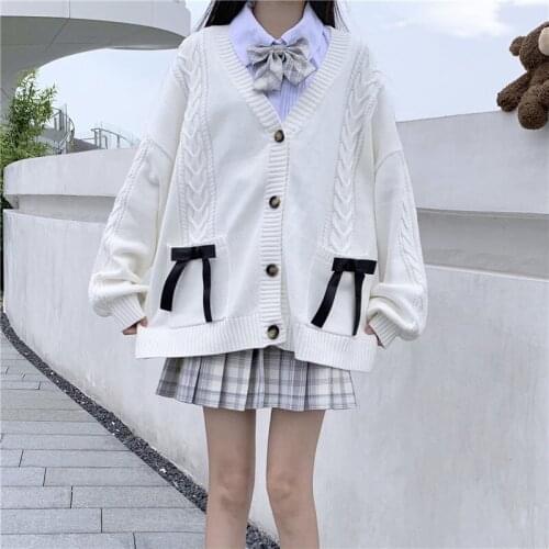 Japanese Preppy Style Bow Knit Cardigans Female Autumn Winter White Sweater V-Neck Long Sleeve Loose Twist Knitted Sweater Women