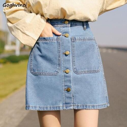 A-line Skirts Women Solid High Waist Pockets All-match Mini Denim Minimalist Casual Summer Korean Style College Popular Harajuku