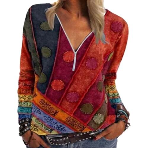 Womens T-shirt 2021 Spring and Summer New Fashion Vintage Printed Zipper V-neck Long Sleeve T-shirt Casual Plus Size Soft Top