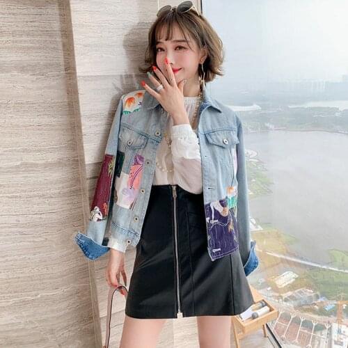 Short Patch Printed Temperament Denim Jacket Woman 2021 New Spring Autumn Korean Fashion Loose All-Match Jeans Coat Female A911
