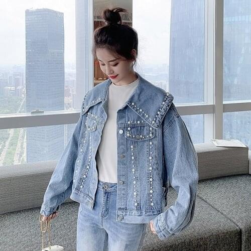 Women Fashion Sailor Collar Single-breasted Heavy Work Beaded Womens Loose Denim Short Jacket Casual Chaqueta Mujer Autumn New