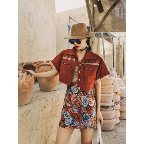 IRINAMS080 Spring Summer 2021 Original Design New Arrivals Vintage Short Sleeves Crop Top High Waist Skirt Set Women