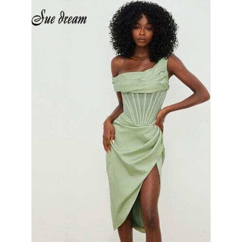 2021 Summer New Womens Dress Fashion One-Shoulder Asymmetric Split Sexy Satin Dress Club Party Midi Dress Vestido