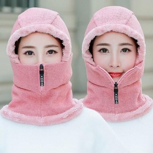 Winter Women Knitted Hats Fur Warm Winter Hats For Women With Zipper Keep Face Warmer Pompoms Cap