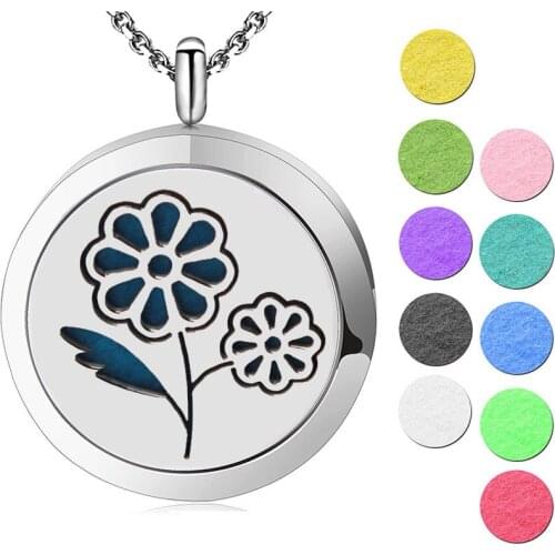 10pcs 30mm Round Silver Flower On The Wind Aromatherapy Oils Stainless Steel Perfume Diffuser Locket Necklace Pendant