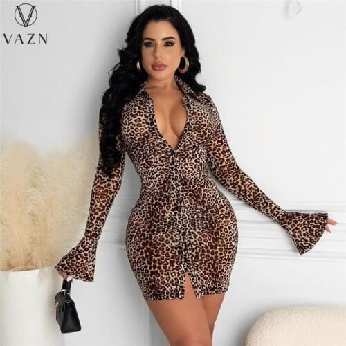 VAZN 2021 Autumn Leopard Regular Little Chap Dress Full Sleeve Retro Mature Soft High Waist Young Vestidos For Female