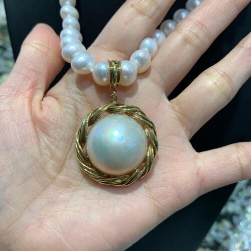 30MM natural mabe pearl pendant 18K yellow gold fried dough twist shape fine women jewelry free shipping