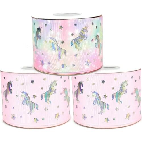 50yards 75mm Iridescence Silver Foil Unicorns Cute unicorn Grosgrain Ribbon For DIY Accessories Welcome Custom Printed