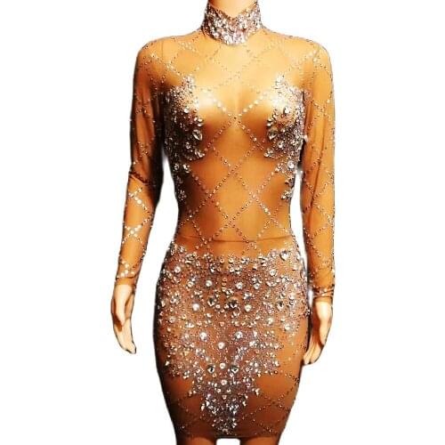 Shining Rhinestones Long Sleeve Mesh Perspective Women Dresses Tight Elastic Plaid Dresses Evening Prom Outfit Nightclub Costume