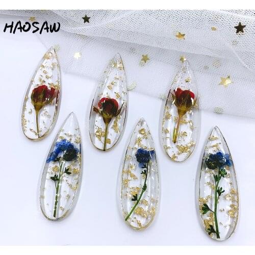 HAOSAW 15*55MM 4Pcs/Lot Real Flowers/Waterdrop Shape/Golden Glitter/Resin Stick/Hand Made/DIY Jewelry Making/Jewelry Accessories