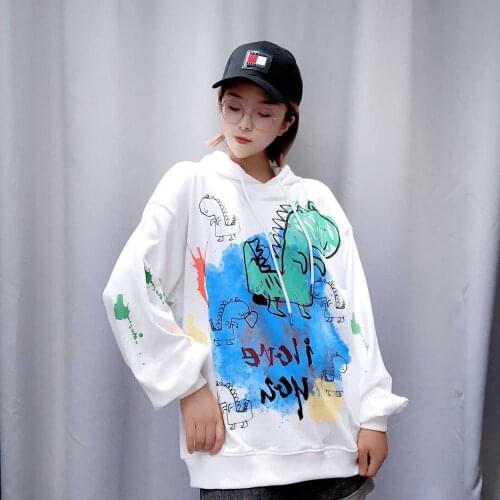 Harajuku Loose Casual Female Hoodies Pullovers Graffiti Dinosaur Letter Women Hooded Sweatshirt Autumn Lady Sweatshirts Tops