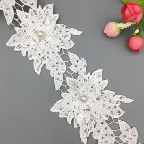 1 yard 9x14CM White Pearl 3D Flower Leaf Embroidered Lace Trim Ribbon Fabric Sewing Supplies Craft DIY For Costume Dress Hat