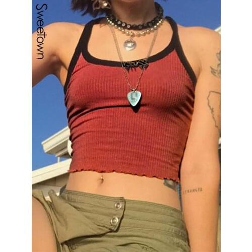 Sweetown 2021 Summer New Fashion Contrast Color Tank Top Women Casual Fitness Clothing Off Shoulder Strapless Crop Top Camisole