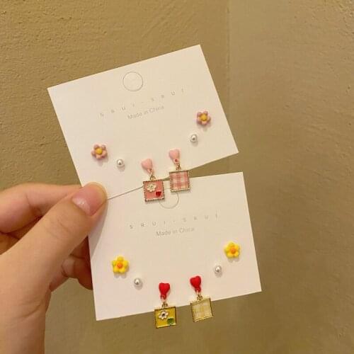 Fashion S925 Cute Flower Love Plaid Cloth Geometric Earrings Set Girly Fun Asymmetric Niche Design Earrings Trend