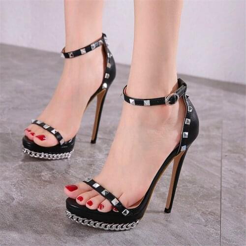 Size 34-42 Fashion Chain Platform Women Sandals New Rivet Buckle Open Toe Gladiator Pumps Woman Super High Heel 13cm Party Shoes