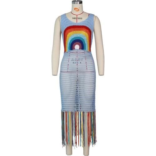 Fashion Women Dresses Handmade Crochet Rainbow Hollow Fringed Dress Ladies Sleeveless Sexy Package Hip Dress Beach Long Dress