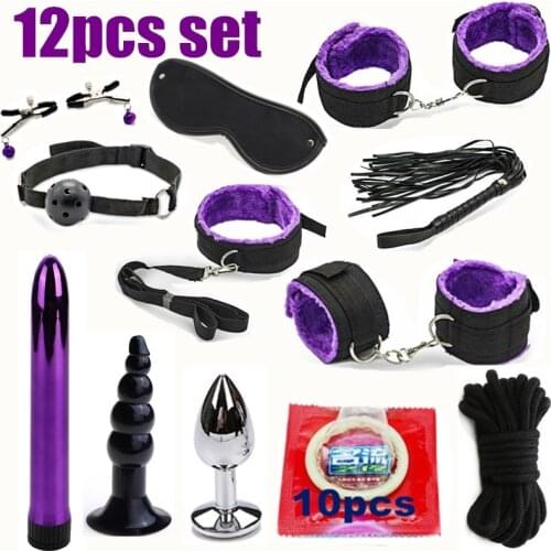 12pcs fetish Adult SM Sex Love Game Toy Kit for Couples women bondage restraint Set Handcuff Whip Nipple Clamps Gag Vibrator