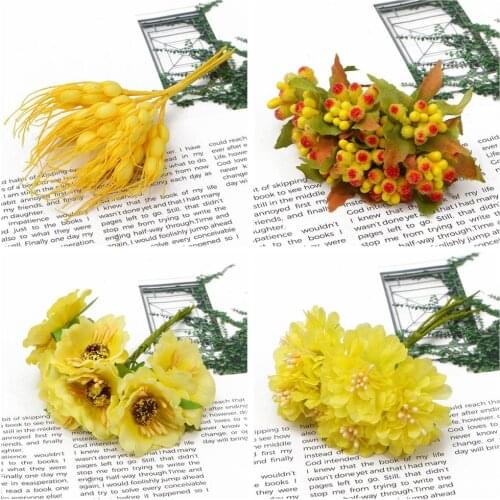 6/10/12/50/60/70/90/144pcs Mixed Yellow Flower Cherry Stamen Berries Bundle DIY Christmas Wedding Cake Gift Box Wreaths Decor
